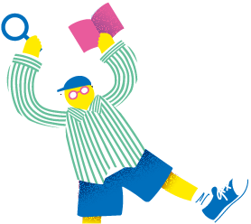 虫眼鏡と本を持っている眼鏡をかけた男性のイラスト