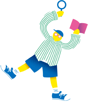 虫眼鏡と本を持って眼鏡をかけている男性のイラスト